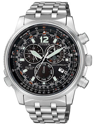 Front view of Citizen Chronograph CB5860-86E Black Dial Silver Stainless Steel Unisex Watch on white background