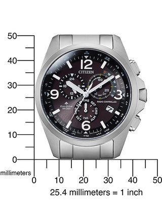 Angle shot of Citizen Chronograph CB5920-86E Black Dial Silver Stainless Steel Unisex Watch on white background