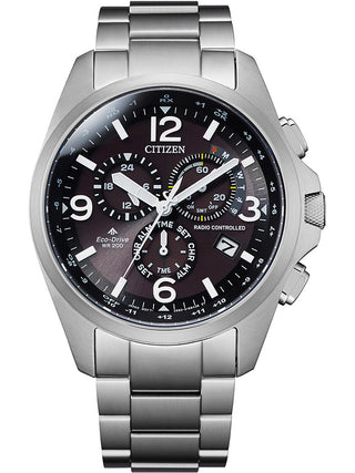 Front view of Citizen Chronograph CB5920-86E Black Dial Silver Stainless Steel Unisex Watch on white background