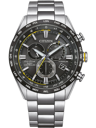 Front view of Citizen Chronograph CB5947-80E Black Dial Silver Titanium Unisex Watch on white background