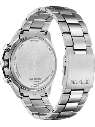 Angle shot of Citizen Chronograph CB5947-80E Black Dial Silver Titanium Unisex Watch on white background