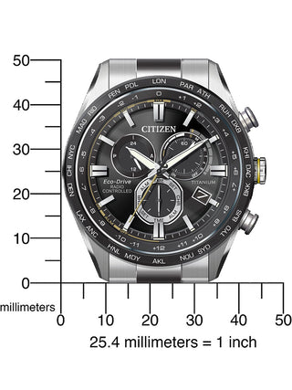 Angle shot of Citizen Chronograph CB5947-80E Black Dial Silver Titanium Unisex Watch on white background