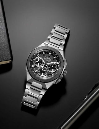 Angle shot of Citizen Chronograph CC4104-53E Silver Titanium Unisex Watch on white background