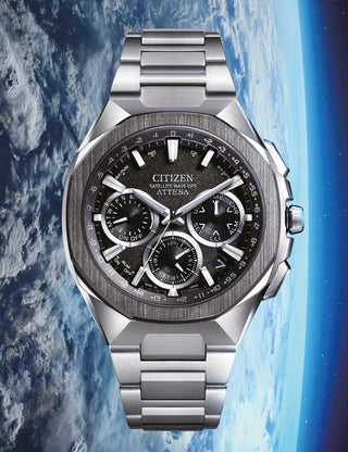 Angle shot of Citizen Chronograph CC4104-53E Silver Titanium Unisex Watch on white background