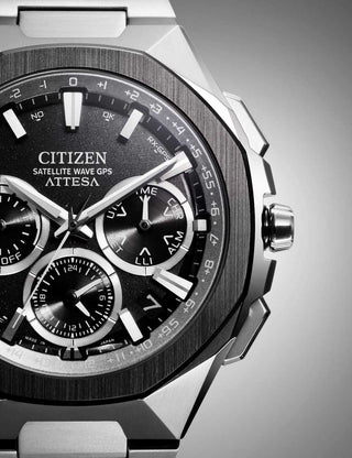 Angle shot of Citizen Chronograph CC4104-53E Silver Titanium Unisex Watch on white background
