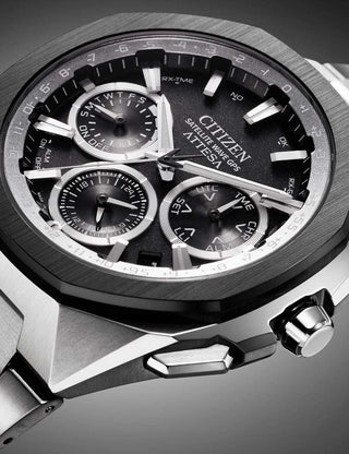 Angle shot of Citizen Chronograph CC4104-53E Silver Titanium Unisex Watch on white background