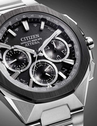 Angle shot of Citizen Chronograph CC4104-53E Silver Titanium Unisex Watch on white background