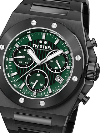 Front view of TW Steel Chronograph CE4081 Green Dial Black Stainless Steel Unisex Watch on white background