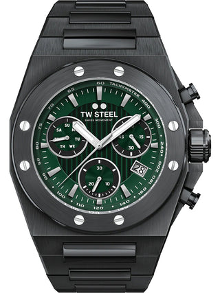 Angle shot of TW Steel Chronograph CE4081 Green Dial Black Stainless Steel Unisex Watch on white background