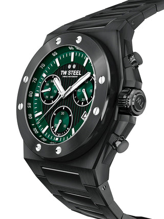 Angle shot of TW Steel Chronograph CE4081 Green Dial Black Stainless Steel Unisex Watch on white background