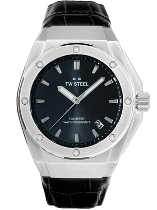 Angle shot of TW Steel CE4108 Grey Dial Black Leather Unisex Watch on white background