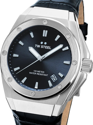 Front view of TW Steel CE4108 Grey Dial Black Leather Unisex Watch on white background