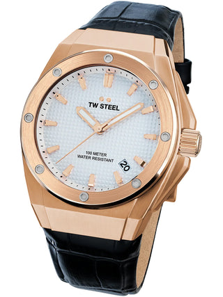 Angle shot of TW Steel CE4109 Silver Dial Black Leather Unisex Watch on white background