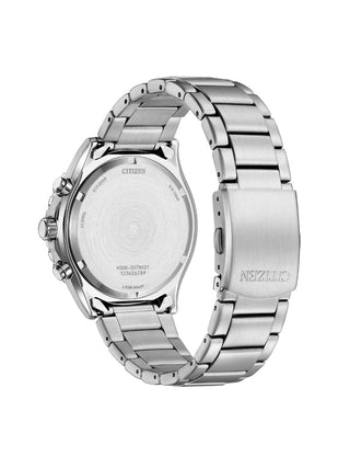 Angle shot of Citizen Chrono Sporty AT2560-84X Silver Stainless Steel Unisex Watch on white background