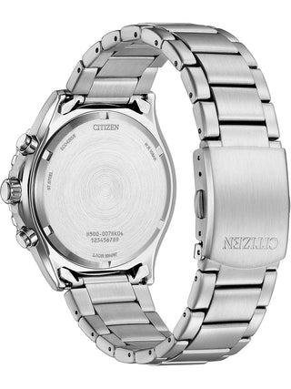 Angle shot of Citizen Chronograph AT2568-82E Black Dial Silver Stainless Steel Unisex Watch on white background