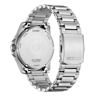 Angle shot of Citizen AW1810-85L Blue Dial Silver Stainless Steel Unisex Watch on white background