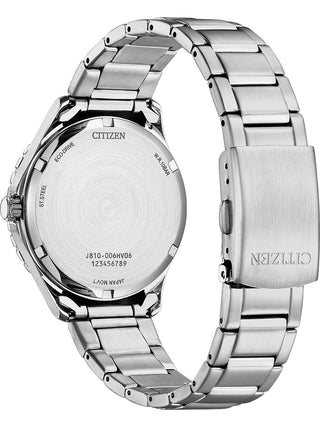 Angle shot of Citizen AW1821-89L Blue Dial Silver Stainless Steel Unisex Watch on white background