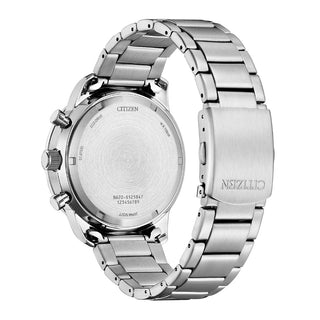 Angle shot of Citizen Chronograph CA4500-91L Blue Dial Silver Stainless Steel Unisex Watch on white background