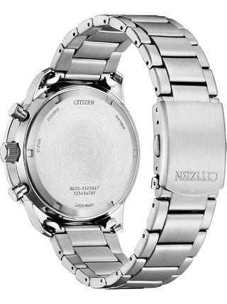 Angle shot of Citizen Chronograph CA4500-91X Green Dial Silver Stainless Steel Unisex Watch on white background
