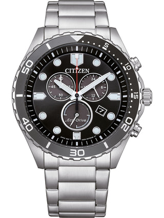 Front view of Citizen Chronograph AT2568-82E Black Dial Silver Stainless Steel Unisex Watch on white background