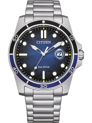 Front view of Citizen AW1810-85L Blue Dial Silver Stainless Steel Unisex Watch on white background