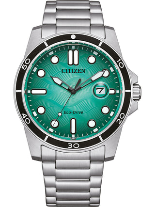 Front view of Citizen AW1816-89L Green Dial Silver Stainless Steel Unisex Watch on white background
