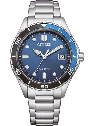 Front view of Citizen AW1821-89L Blue Dial Silver Stainless Steel Unisex Watch on white background