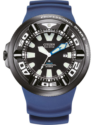 Front view of Citizen BJ8055-04E Black Dial Blue Silicone Unisex Watch on white background