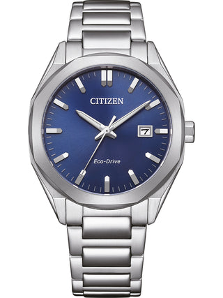 Front view of Citizen BM7620-83L Blue Dial Silver Stainless Steel Unisex Watch on white background
