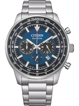 Front view of Citizen Chronograph CA4500-91L Blue Dial Silver Stainless Steel Unisex Watch on white background