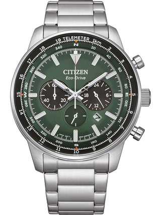 Front view of Citizen Chronograph CA4500-91X Green Dial Silver Stainless Steel Unisex Watch on white background