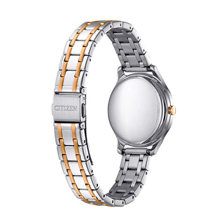 Angle shot of Citizen EM0506-77A White Dial Silver Stainless Steel Womens Watch on white background