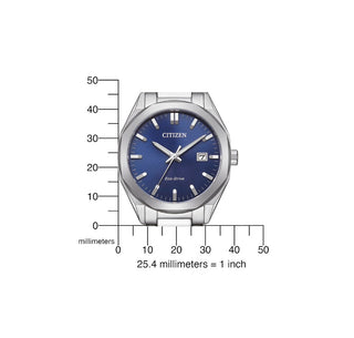 Angle shot of Citizen BM7620-83L Blue Dial Silver Stainless Steel Unisex Watch on white background