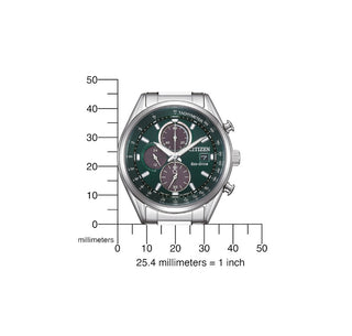 Angle shot of Citizen Chronograph CA0459-79X Green Dial Silver Stainless Steel Unisex Watch on white background