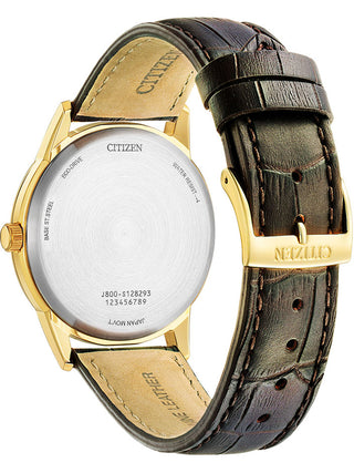 Angle shot of Citizen AW0102-13AE Silver Dial Brown Leather Unisex Watch on white background