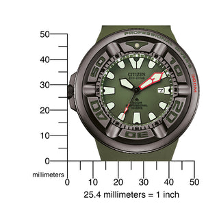Angle shot of Citizen BJ8057-17X Green Silicone Unisex Watch on white background