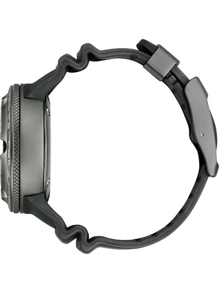 Angle shot of Citizen BJ8059-03Z Red Dial Black Silicone Unisex Watch on white background