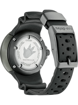 Angle shot of Citizen BJ8059-03Z Red Dial Black Silicone Unisex Watch on white background