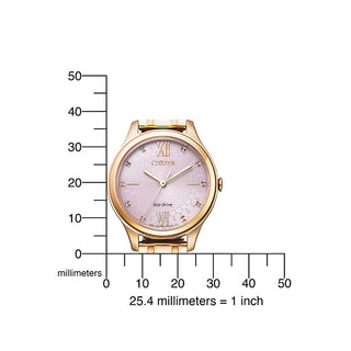Angle shot of Citizen EM0503-75X Pink Dial Silver Stainless Steel Womens Watch on white background