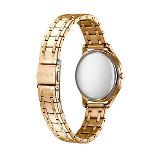 Angle shot of Citizen EM0503-75X Pink Dial Silver Stainless Steel Womens Watch on white background