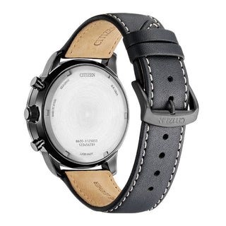 Angle shot of Citizen Chronograph CA4505-21X Green Dial Black Leather Unisex Watch on white background