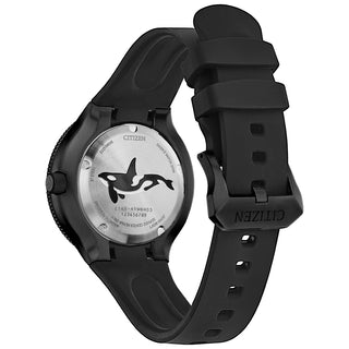 Angle shot of Citizen BN0235-01E Black Silicone Unisex Watch on white background