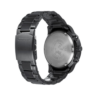 Angle shot of Citizen Chronograph CA0695-84E Black Stainless Steel Unisex Watch on white background