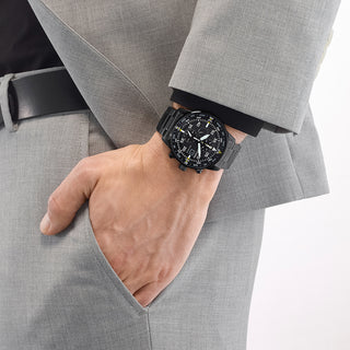 Angle shot of Citizen Chronograph CA0695-84E Black Stainless Steel Unisex Watch on white background