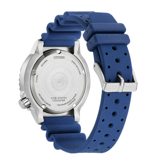 Angle shot of Citizen BN0168-06L Blue Silicone Unisex Watch on white background