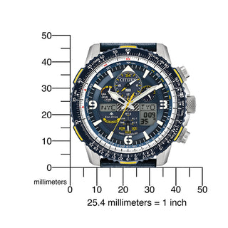 Angle shot of Citizen Chronograph JY8078-01L Blue Leather Unisex Watch on white background