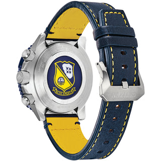 Angle shot of Citizen Chronograph JY8078-01L Blue Leather Unisex Watch on white background