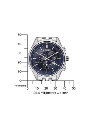 Angle shot of Citizen Chronograph AT2141-52L Blue Dial Silver Stainless Steel Unisex Watch on white background