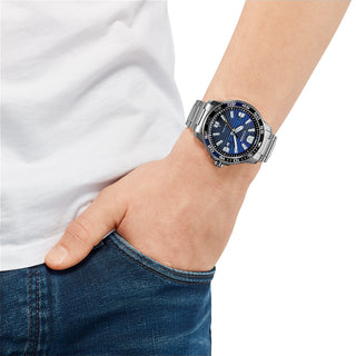 Angle shot of Citizen Eco-Drive AW1525-81L Blue Dial Grey Stainless Steel Mens Watch on white background