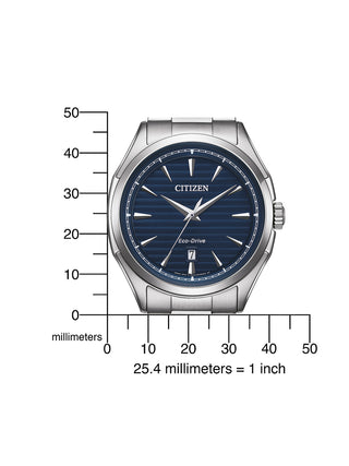 Angle shot of Citizen AW1750-85L Blue Dial Silver Stainless Steel Unisex Watch on white background
